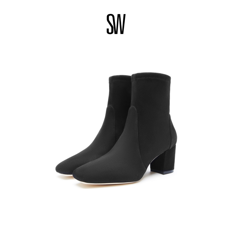 sw秋冬方头中筒靴粗跟瘦瘦靴