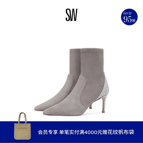 SW24早春细跟水晶尖头短靴瘦瘦靴