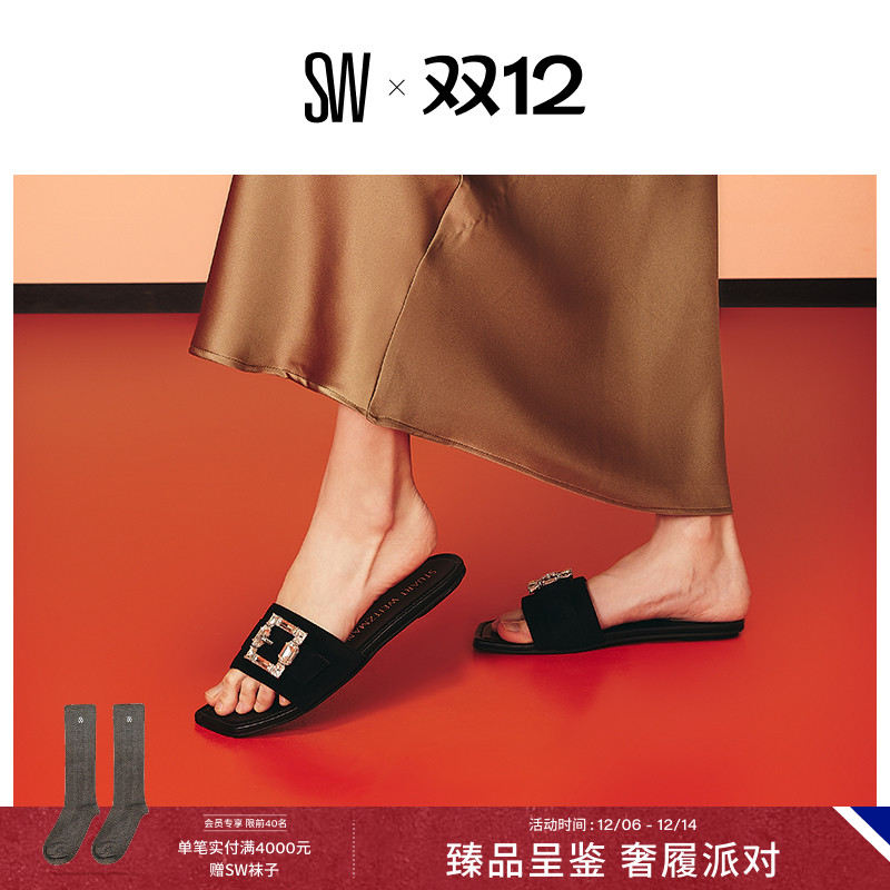 SW夏季水晶方扣平底凉鞋拖鞋