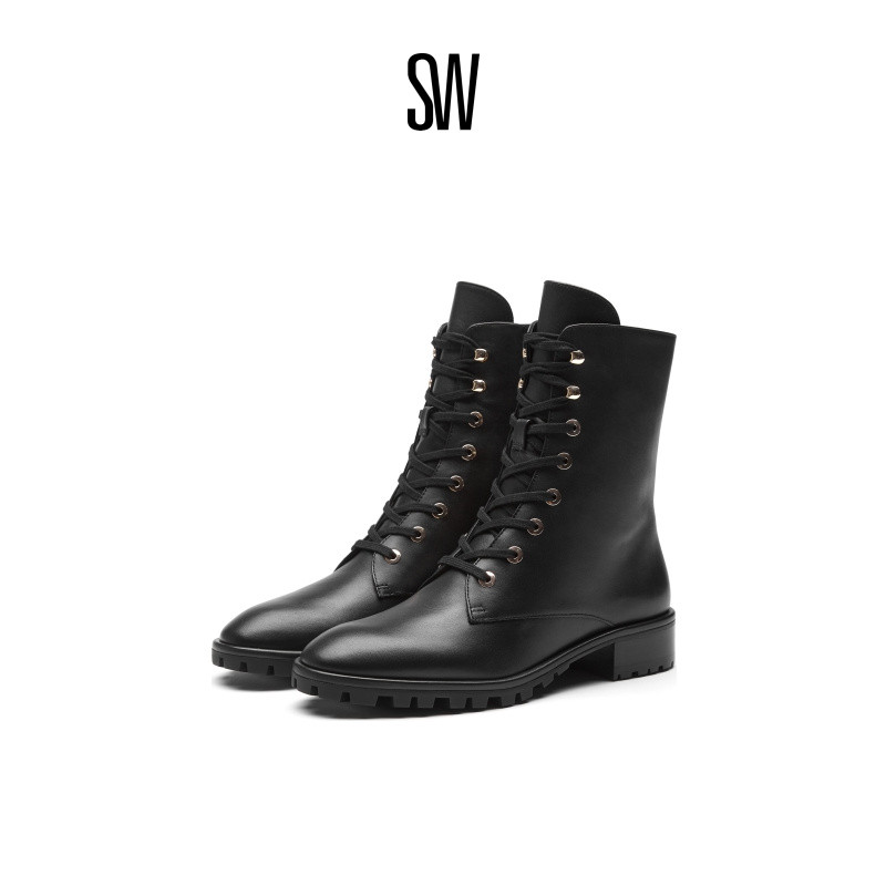 SW秋冬机车靴圆头暗黑马丁靴女