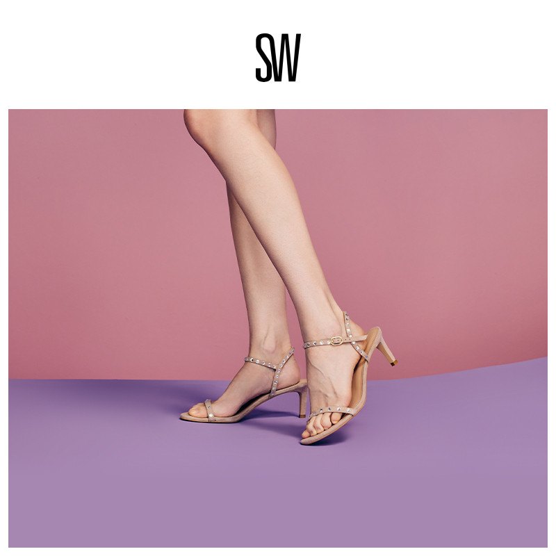 SW春夏经典水晶一字带细高跟凉鞋