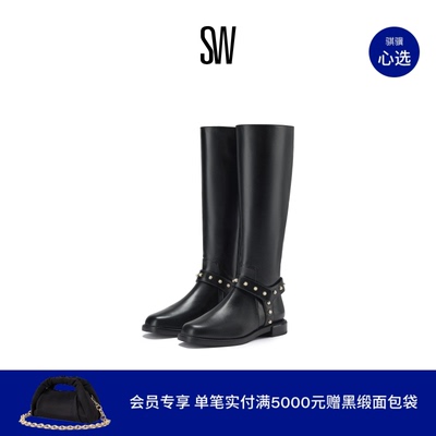 SW珍珠装饰圆头低跟冬季长靴女