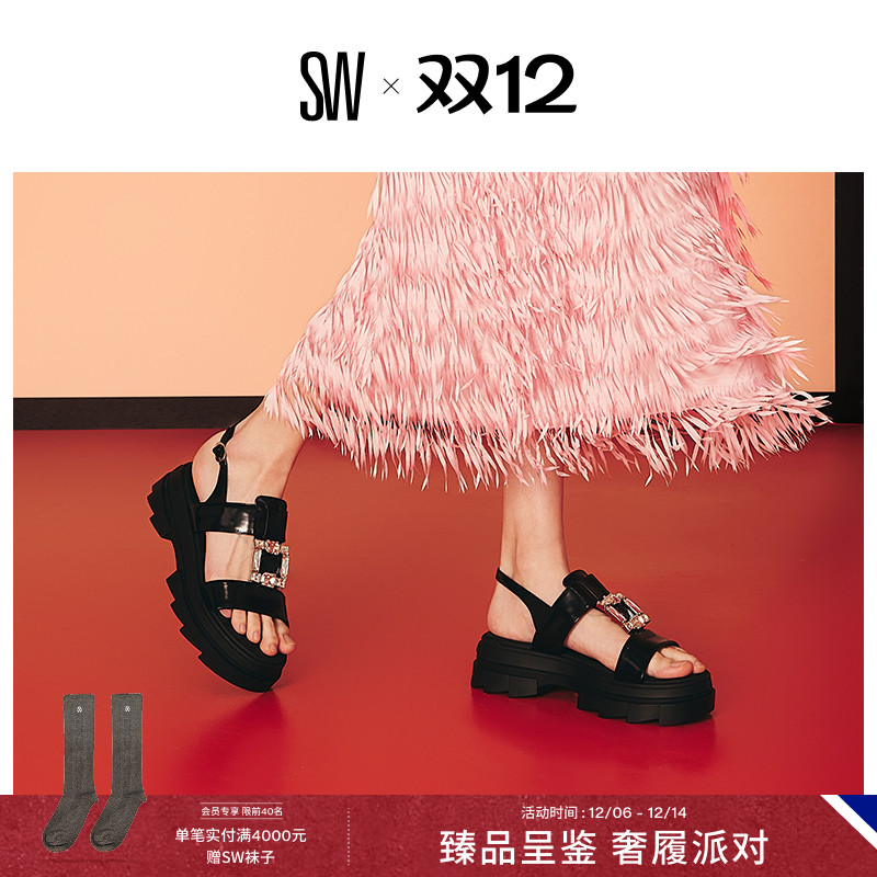 SW春夏水晶方扣厚底凉鞋珍珠