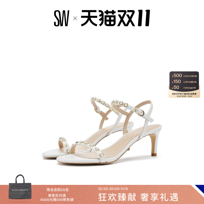 SW细高跟圆头珍珠一字带凉鞋女