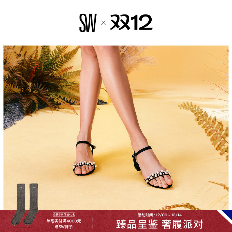 SW GOLDIE 35 BLOCK SANDAL 优雅珍珠装饰圆头一字带凉鞋