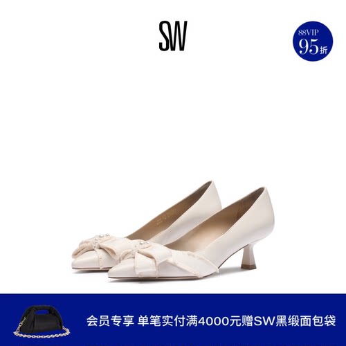 SW珍珠蝴蝶结小猫跟尖头高跟鞋