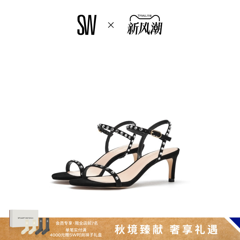 SW春夏经典水晶一字带细高跟凉鞋