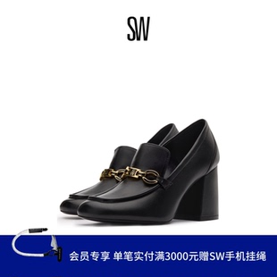 SW SIGNATURE 85 LOAFER  方头粗跟浅口金属高跟乐福鞋单鞋女