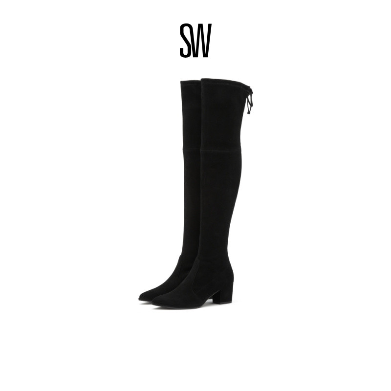 SW秋冬经典尖头粗跟瘦瘦靴女
