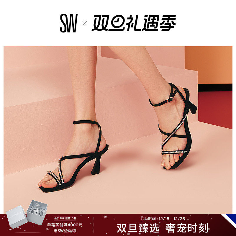 SW夏季水晶绑带方头高跟凉鞋