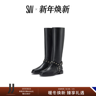 PEARL MOTO BOOT珍珠装 长靴女 饰拉链圆头低跟冬季 秋冬新品
