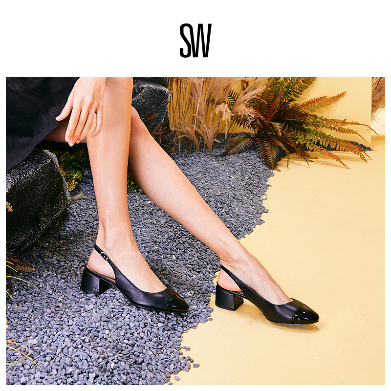 SW春夏新款露跟圆头方跟高跟鞋