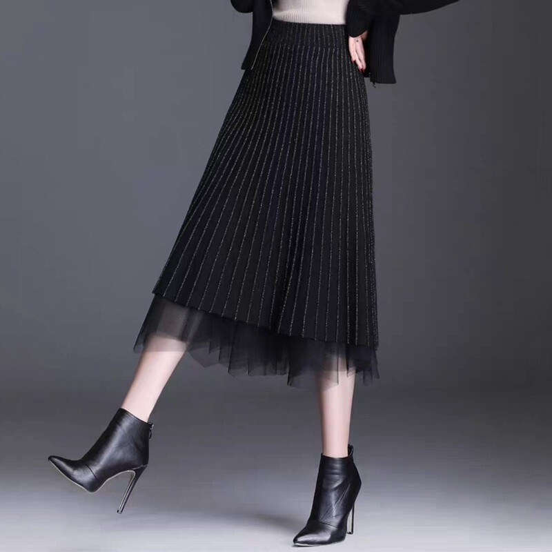 高端黑色羊绒网纱针织a字裙不规则半身裙女高腰中长款半裙冬裙子