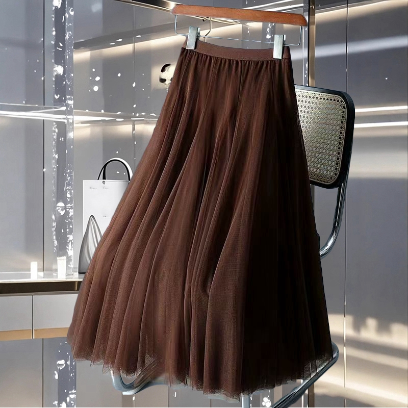 高端咖色网纱半身裙秋冬款女2025新款垂坠感舞蹈纱裙A字纯色长裙