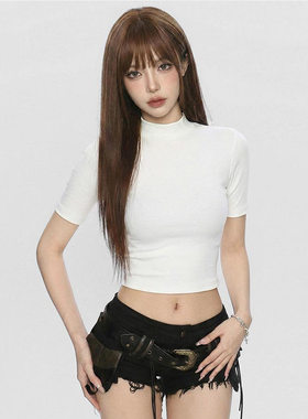 短款半高领短袖t恤女性感露脐打底衫内搭修身显瘦基础款女装上衣