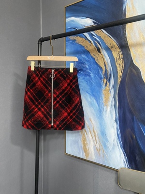 M红黑格纹含绵羊毛中银色拉链毛呢短裙MAI4SKT007