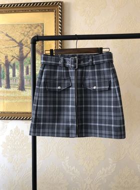 【摩系列】新品含羊毛灰色格子带腰带拉链短裙MA183SKT109