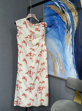 E乳白真丝红色树叶花朵一字领砍袖连衣裙EAI1PAT050