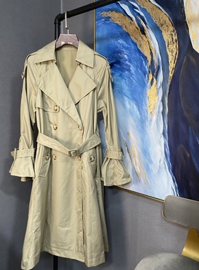M卡其色后不同材质拼接有腰带中长款风衣外套MBO1TRC010