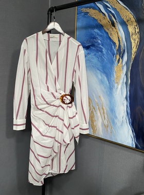 E白色暗红色宽条纹斜襟圆扣长袖连衣裙EBO1DRS022