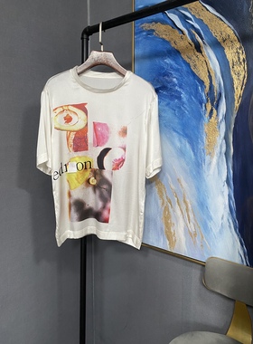 E乳白色真丝三块图案字母半袖T恤EAI2TOP009微瑕