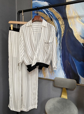 M白色黑色字母挑斜襟短衬衫配松紧腰裤套装单独衣裤MAI2PAT017