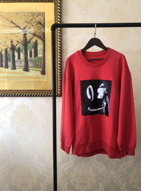 【摩系列】红色前面笑脸方形亮片圆领长袖卫衣MA161TST27