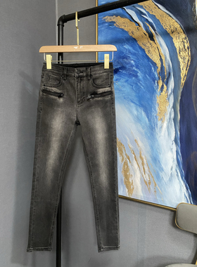 M黑灰色磨白渐变前双拉链兜修身牛仔小脚裤MAI3JEN008