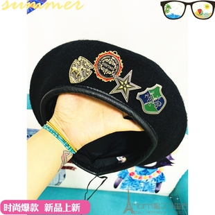 多徽章周冬雨帽子 时尚贝雷帽大小号头围男女潮帽 影视舞台学生帽