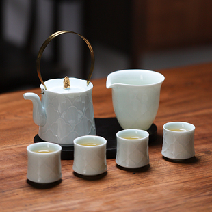 礼 景德镇官方国货陶瓷国色天香功夫茶具影青浮雕中式 茶杯茶壶套装