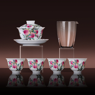 景德镇官方陶瓷九桃三才盖碗家用茶杯功夫茶具套装高档送礼礼盒装