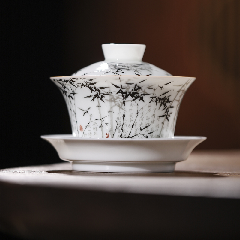 景德镇官方陶瓷墨彩檀竹盖碗茶具套组单杯品茗专用茶壶盖碗送礼