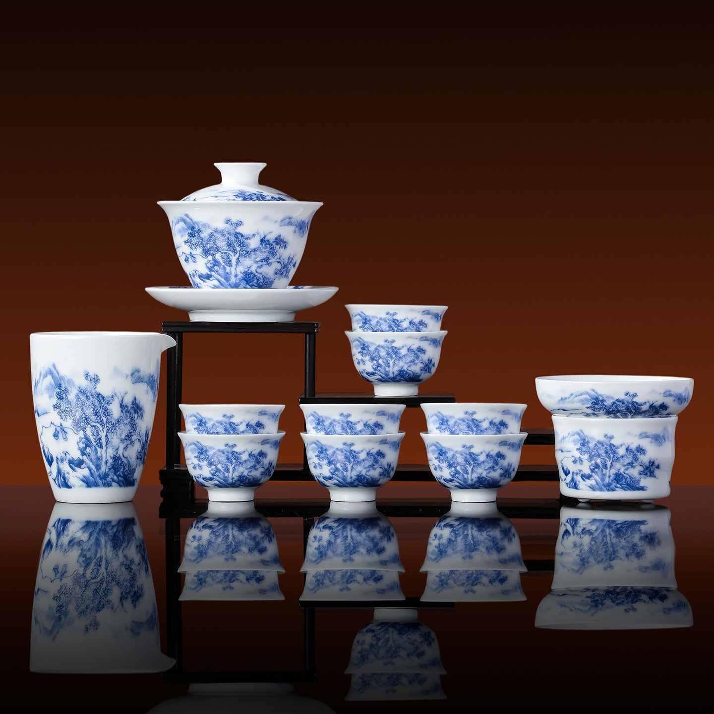 景德镇官方陶瓷高级青花茶具套装中式盖碗茶杯公道杯礼盒泡茶礼物