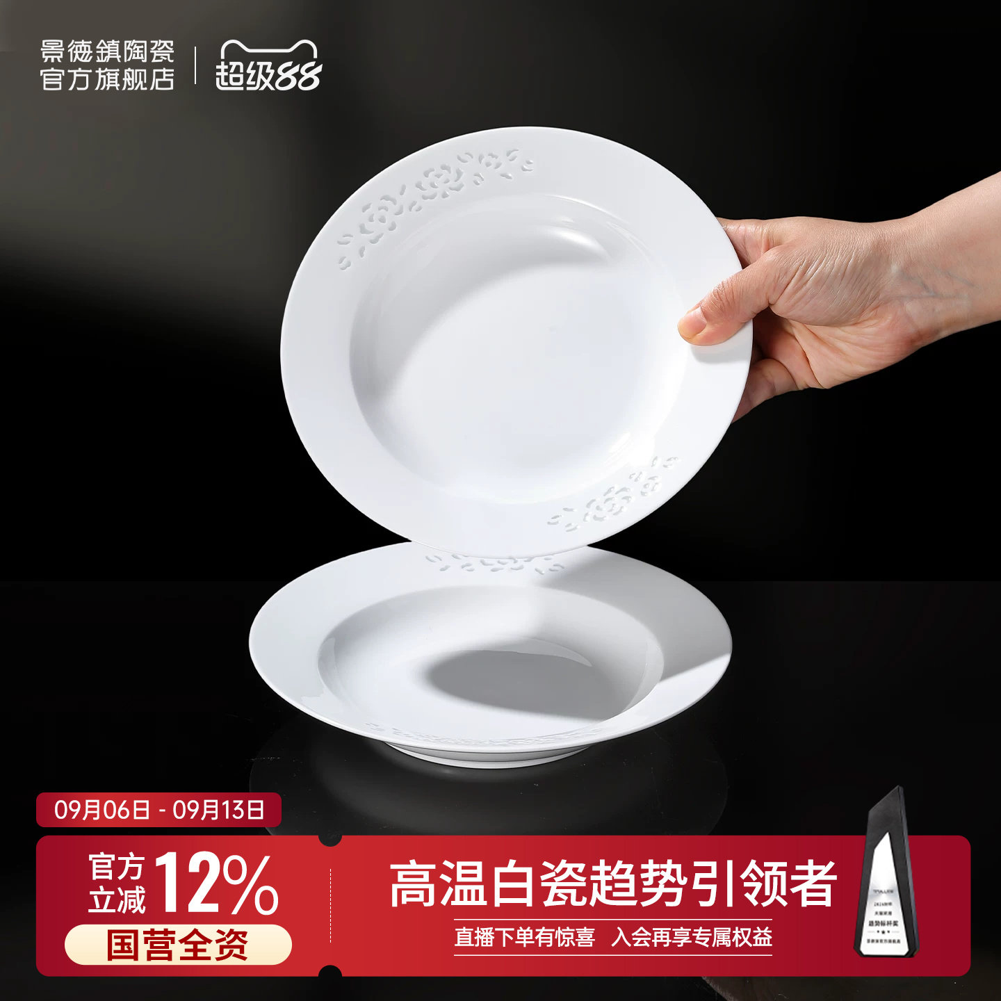 景德镇官方纯白陶瓷盘子组合家用精致设计餐盘骨碟汤盘甜品盘