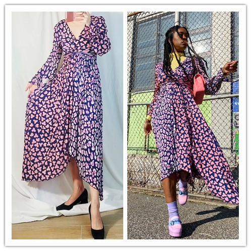 思思美代dvf 春夏新品 粉色叶子 尼龙弹力 修身连衣裙safara
