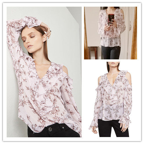 xh思思美代 BCBG MAXAZRIA春秋新品 桃粉 裸肩 飘逸雪纺上衣T恤