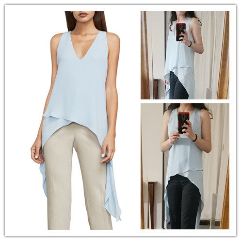 思思美代 代购 BCBG MAXAZRIA春秋新品 天蓝 飘逸垂边 T恤背心