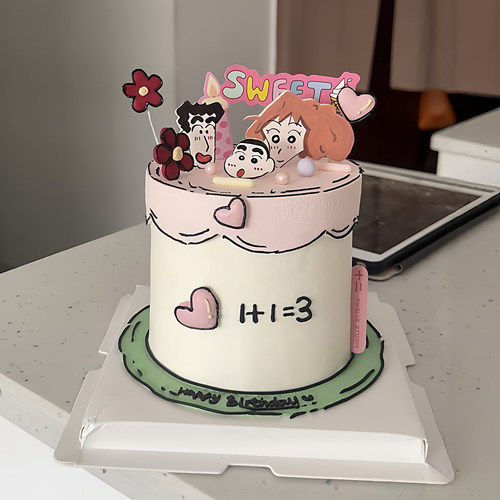 蜡笔小新一家三口生日蛋糕装饰