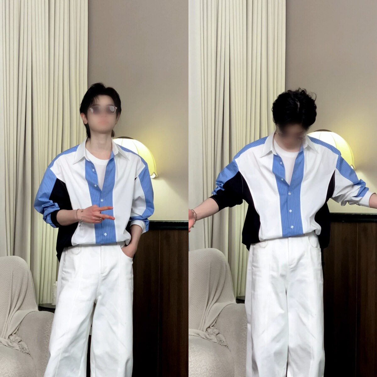 新款时尚潮流美式百搭休闲风设计师款拼接格子痞帅宽松衬衫男士