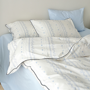 款 六月雨白全棉斜纹清新蓝色纯棉四季 亲肤裸睡床单床笠床上四件套