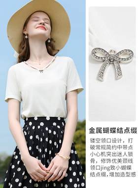 【凉感棉】艾蓓怡白色蝴蝶结镂空V领短袖T恤上衣女2025夏季新款