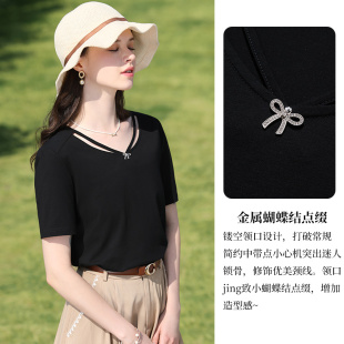 艾蓓怡黑色设计感蝴蝶结凉感短袖T恤女2025夏新款修身显瘦棉上衣