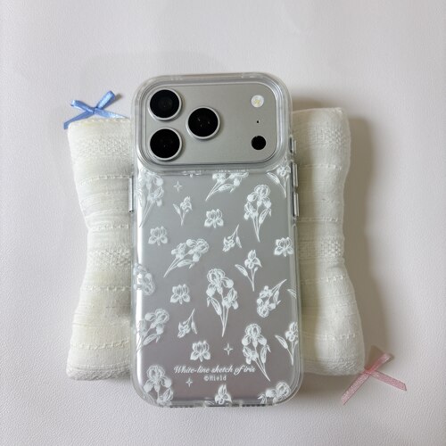 ins银色底满屏鸢尾花圆边双层适用苹果17promax手机壳iPhone16新款保护套15 /14/13全包硅胶防摔日韩