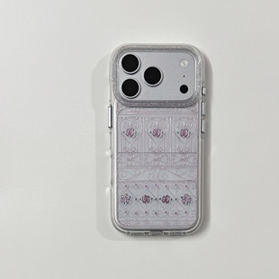 ins粉色玫瑰窗花纹圆边双层适用苹果17promax手机壳iPhone16新款保护套15 /14/13全包硅胶防摔日韩