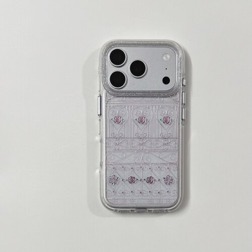 ins粉色玫瑰窗花纹圆边双层适用苹果17promax手机壳iPhone16新款保护套15 /14/13全包硅胶防摔日韩