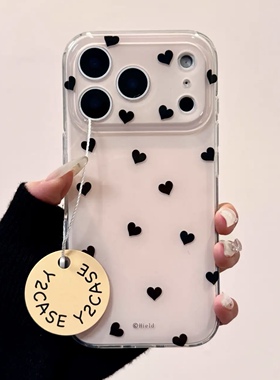 韩风ins满屏黑色小爱心双层适用苹果17promax手机壳iPhone16新款保护套15 /14/13全包硅胶防摔日韩