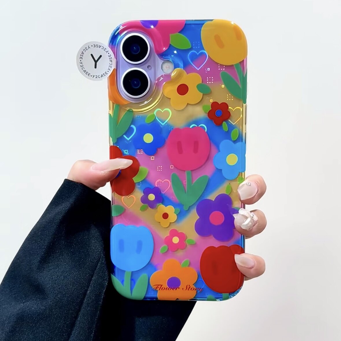镭射爱心彩色郁金香双层适用苹果17promax手机壳iPhone16新款保护套15 /14/13全包硅胶防摔日韩