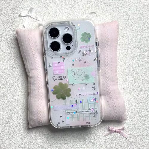 ins小爱心四叶草标签圆边双层适用苹果16promax手机壳iPhone15新款保护套14/13全包硅胶防摔日韩