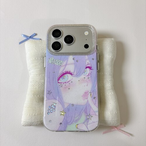 古早味动漫紫发二次元少女圆边双层适用苹果17promax手机壳iPhone16新款保护套15 /14/13全包硅胶防摔日韩