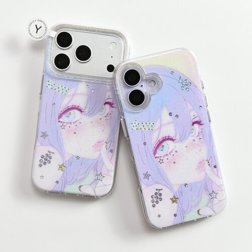 古早味紫色头发二次元少女圆边双层适用苹果17promax手机壳iPhone16新款保护套15 /14/13全包硅胶防摔日韩